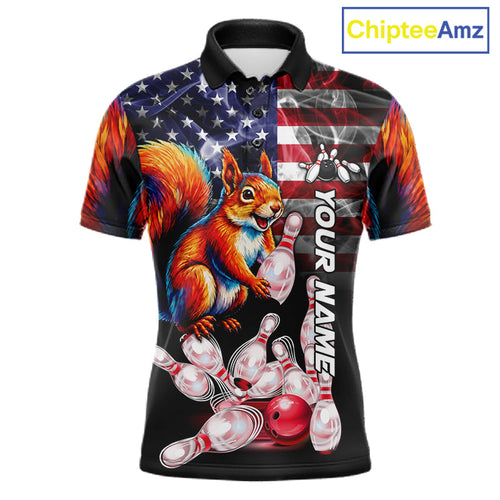 Smoke American Flag Squirrel Bowling Polo, 1/4 Zip Custom Patriotic Bowling Team Jersey