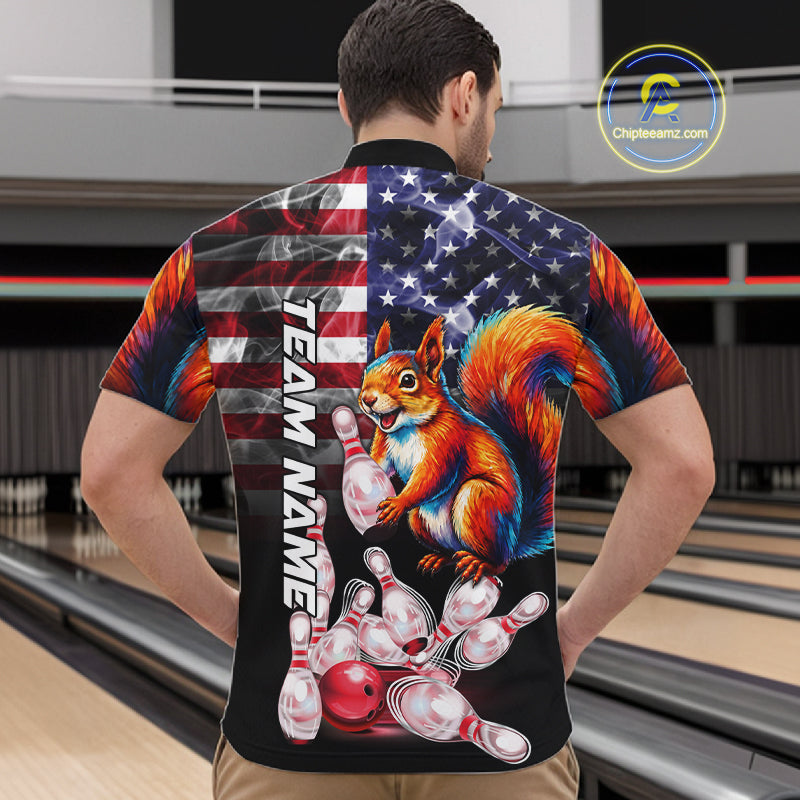 Smoke American Flag Squirrel Bowling Polo, 1/4 Zip Custom Patriotic Bowling Team Jersey