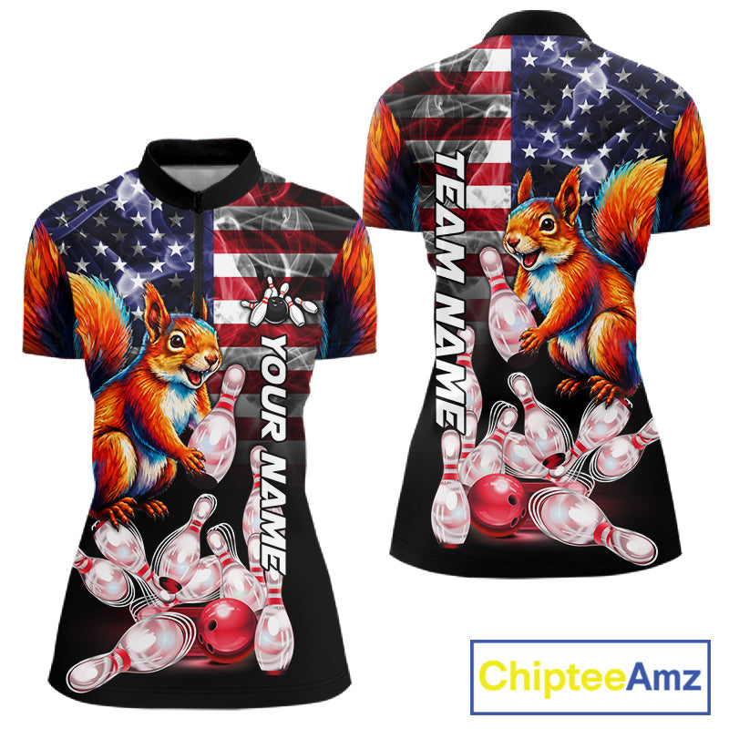 Smoke American Flag Squirrel Bowling Polo, 1/4 Zip Custom Patriotic Bowling Team Jersey