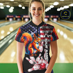 Smoke American Flag Squirrel Bowling Polo, 1/4 Zip Custom Patriotic Bowling Team Jersey