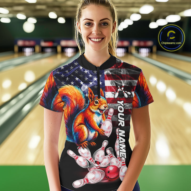 Smoke American Flag Squirrel Bowling Polo, 1/4 Zip Custom Patriotic Bowling Team Jersey