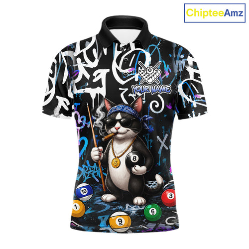 Colorful Graffiti Funny Cat 8 Ball Billiard Shirt Custom Pool Team Jersey Polo & 1/4 Zip