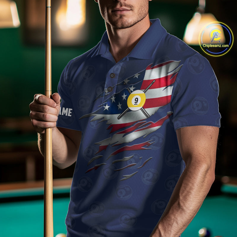 Navy Blue Grunge American Flag Billiard Shirts Custom Patriotic 9 Ball Pool Team Jersey