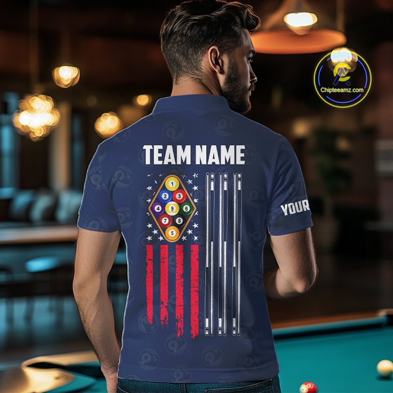 Navy Blue Grunge American Flag Billiard Shirts Custom Patriotic 9 Ball Pool Team Jersey