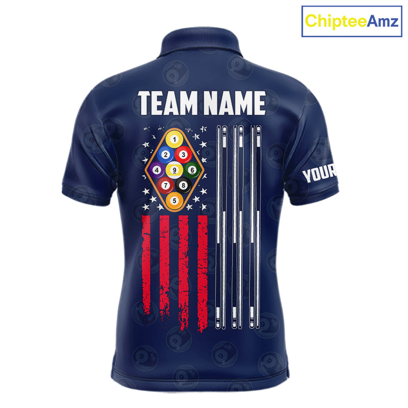Navy Blue Grunge American Flag Billiard Shirts Custom Patriotic 9 Ball Pool Team Jersey