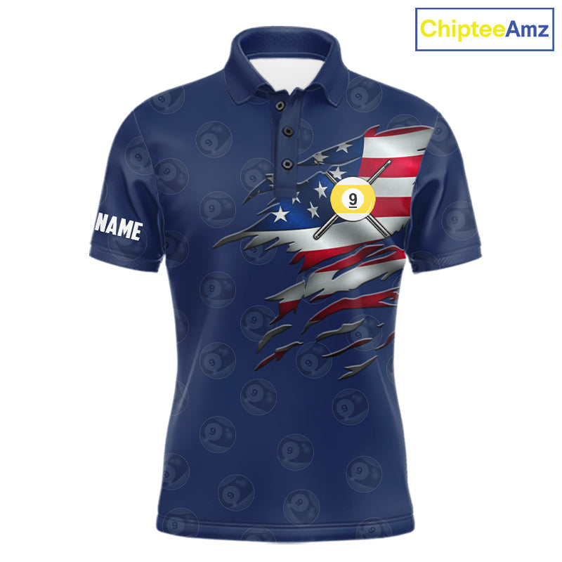 Navy Blue Grunge American Flag Billiard Shirts Custom Patriotic 9 Ball Pool Team Jersey