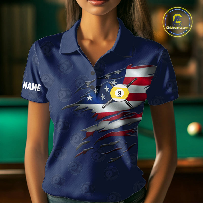 Navy Blue Grunge American Flag Billiard Shirts Custom Patriotic 9 Ball Pool Team Jersey