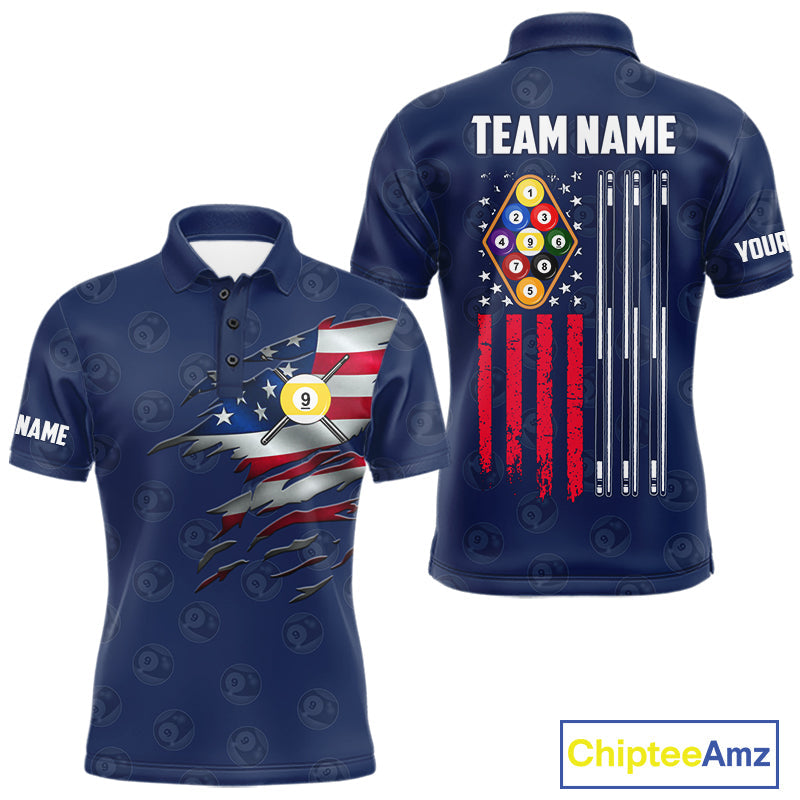 Navy Blue Grunge American Flag Billiard Shirts Custom Patriotic 9 Ball Pool Team Jersey