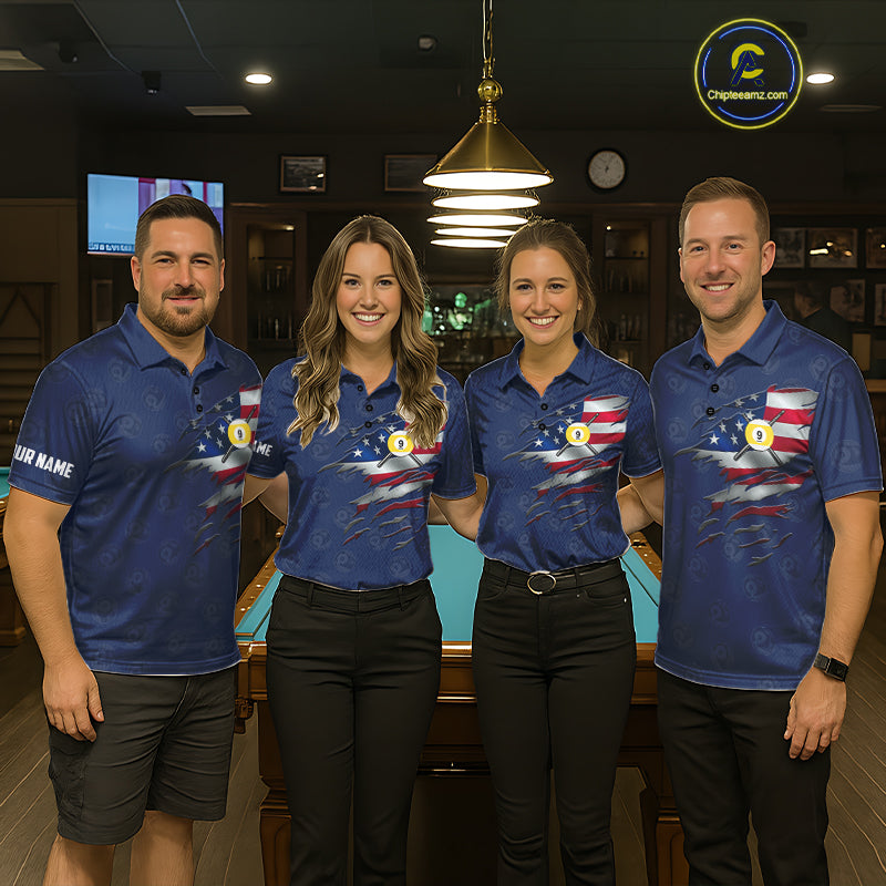 Navy Blue Grunge American Flag Billiard Shirts Custom Patriotic 9 Ball Pool Team Jersey