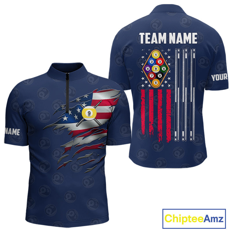 Navy Blue Grunge American Flag Billiard Shirts Custom Patriotic 9 Ball Pool Team Jersey