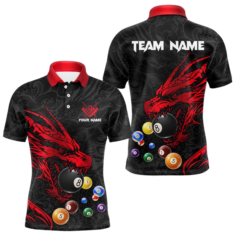 Personalized Red Black Dragon Billiard Balls Pool Shirts, Billiard League Team Jerseys