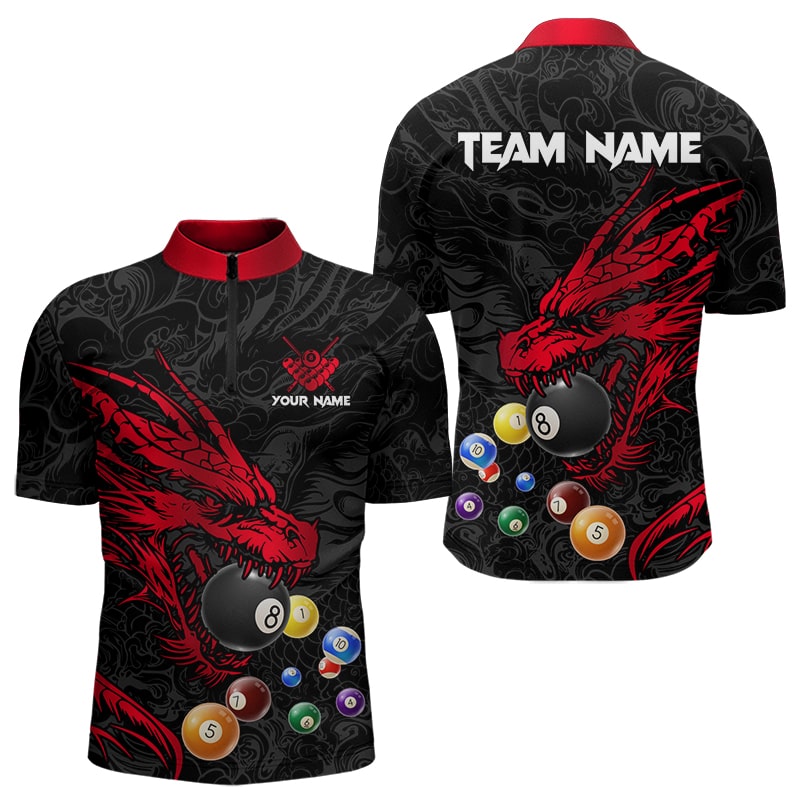 Personalized Red Black Dragon Billiard Balls Pool Shirts, Billiard League Team Jerseys