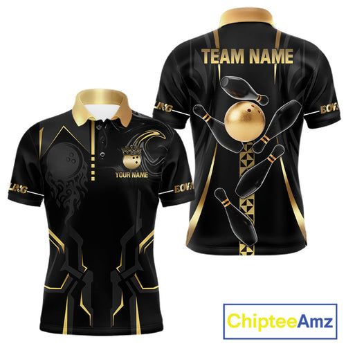Custom Black And Gold Bowling Shirt, Bowling Tournament Team Jersey Polo & 1/4 Zip