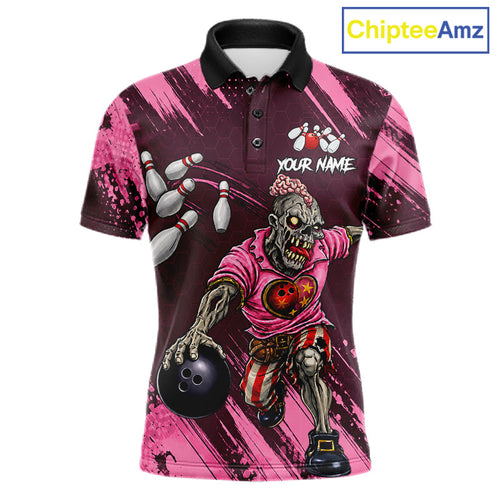 Custom Pink Funny Zombie Bowling Shirt, Bowling Team League Jersey Polo & Quarter Zip