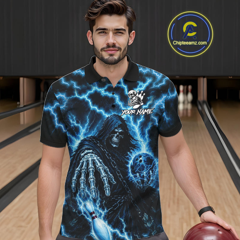 Custom Blue Lightning Grim Reaper Bowling Shirts, Bowling Team Jersey Polo & 1/4 Zip