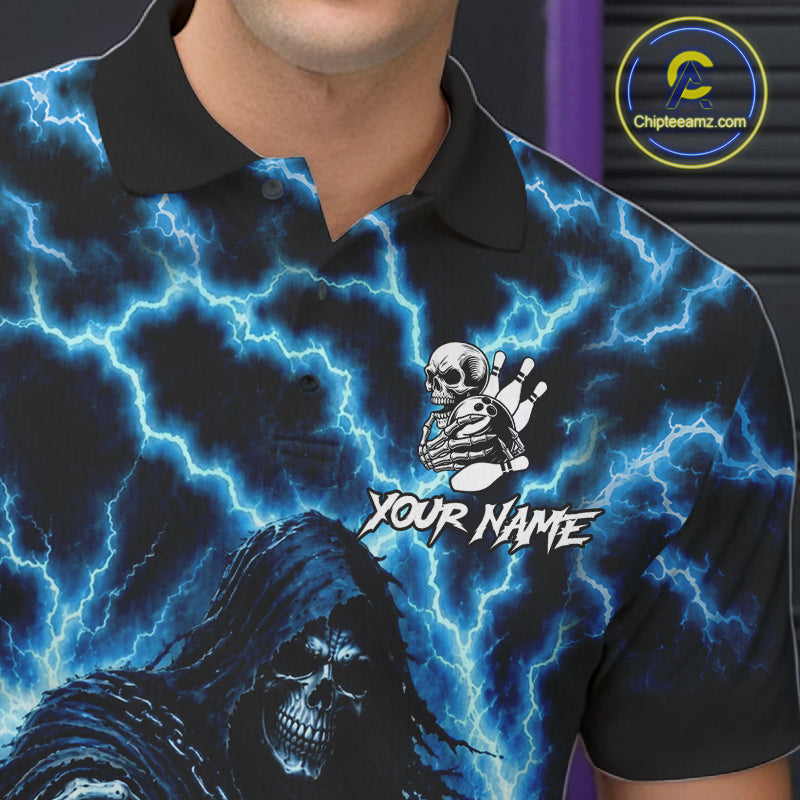 Custom Blue Lightning Grim Reaper Bowling Shirts, Bowling Team Jersey Polo & 1/4 Zip