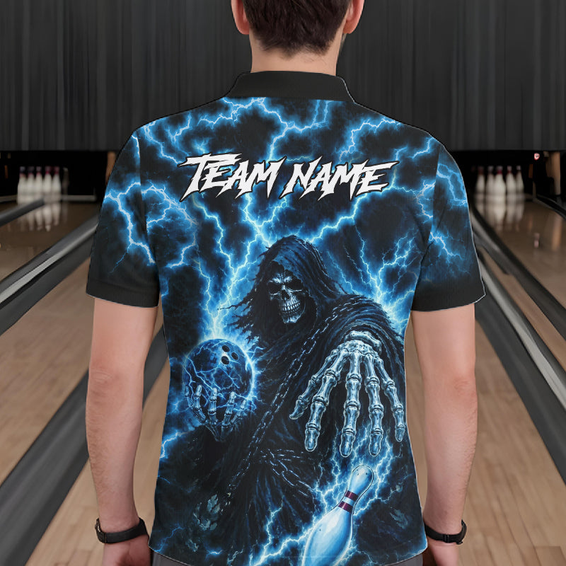 Custom Blue Lightning Grim Reaper Bowling Shirts, Bowling Team Jersey Polo & 1/4 Zip