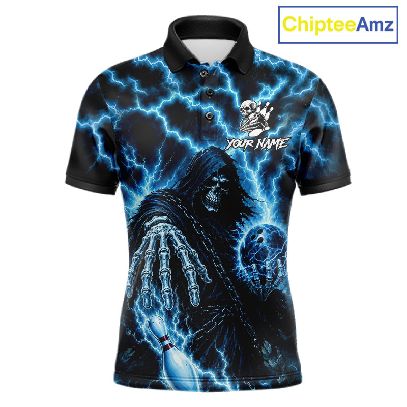 Custom Blue Lightning Grim Reaper Bowling Shirts, Bowling Team Jersey Polo & 1/4 Zip