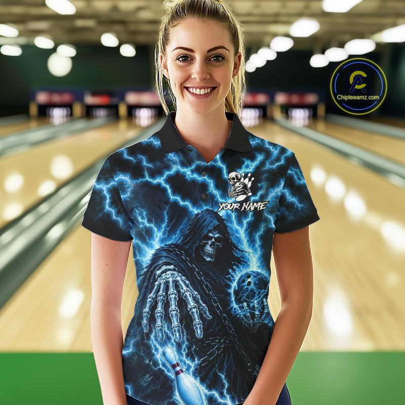 Custom Blue Lightning Grim Reaper Bowling Shirts, Bowling Team Jersey Polo & 1/4 Zip