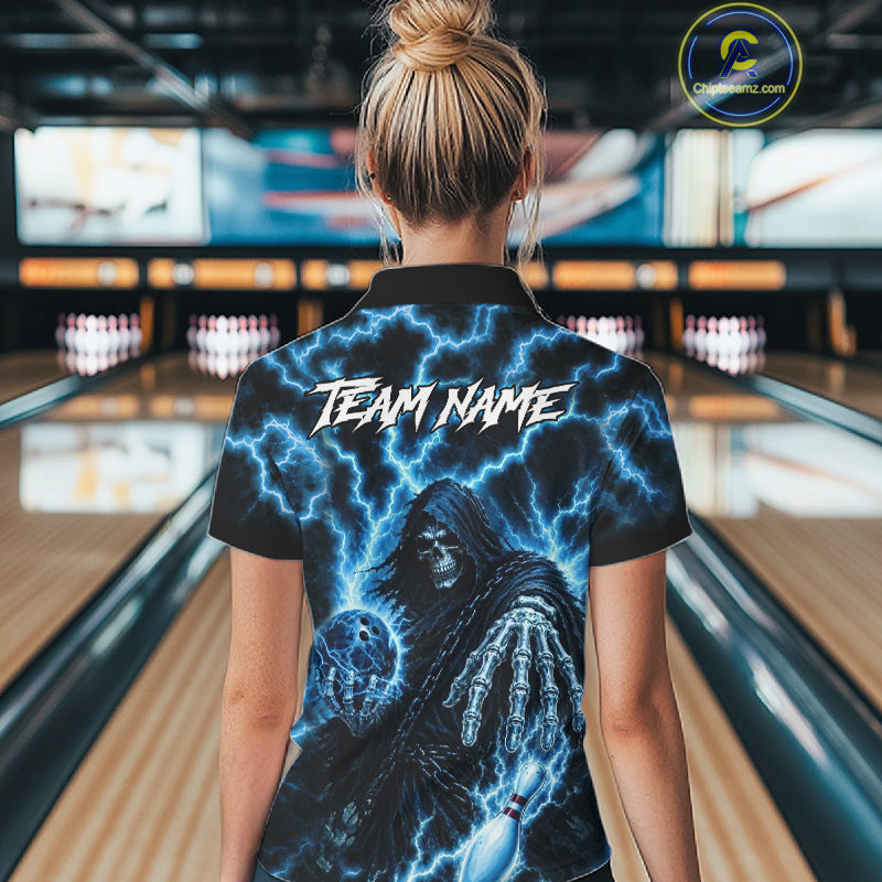 Custom Blue Lightning Grim Reaper Bowling Shirts, Bowling Team Jersey Polo & 1/4 Zip