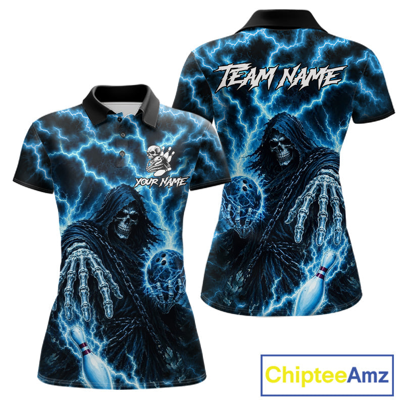 Custom Blue Lightning Grim Reaper Bowling Shirts, Bowling Team Jersey Polo & 1/4 Zip