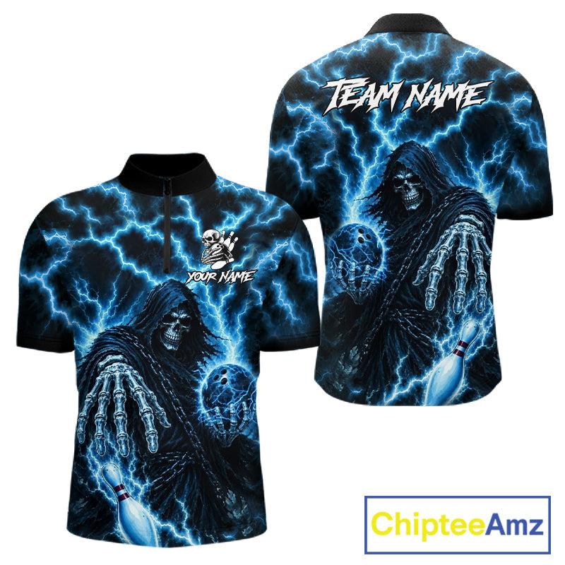 Custom Blue Lightning Grim Reaper Bowling Shirts, Bowling Team Jersey Polo & 1/4 Zip