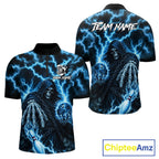 Custom Blue Lightning Grim Reaper Bowling Shirts, Bowling Team Jersey Polo & 1/4 Zip