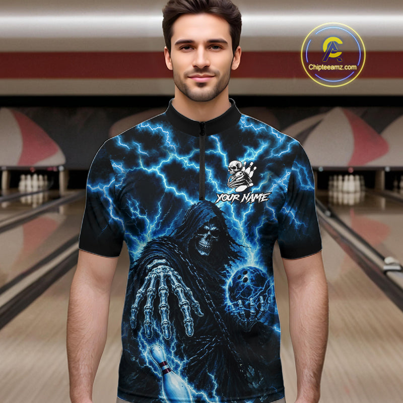 Custom Blue Lightning Grim Reaper Bowling Shirts, Bowling Team Jersey Polo & 1/4 Zip