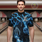 Custom Blue Lightning Grim Reaper Bowling Shirts, Bowling Team Jersey Polo & 1/4 Zip