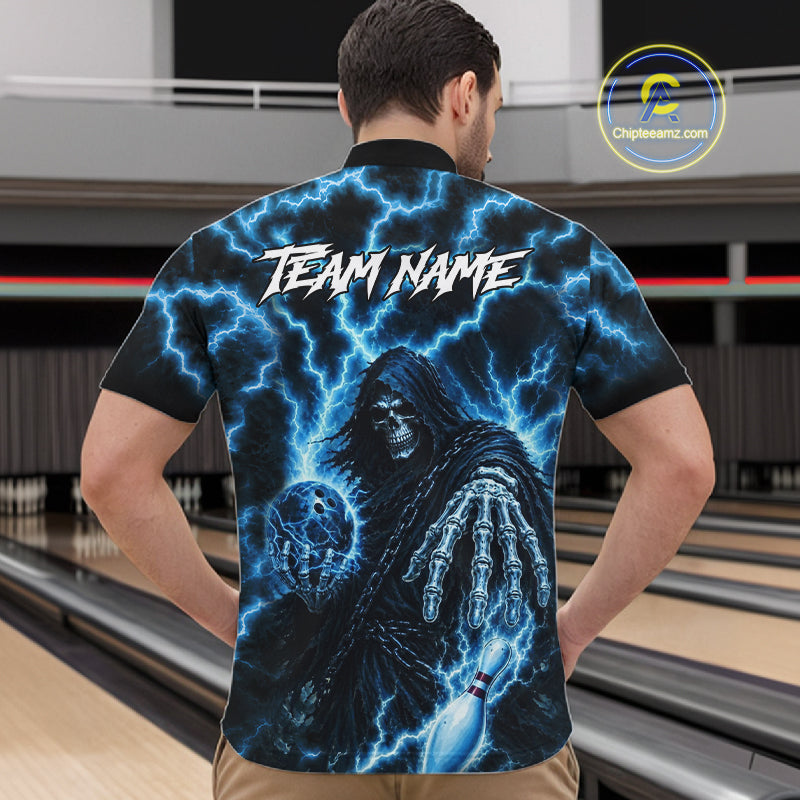 Custom Blue Lightning Grim Reaper Bowling Shirts, Bowling Team Jersey Polo & 1/4 Zip
