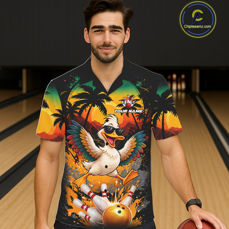 Funny Duck Sunset Tropical Bowling Hawaiian Jersey And Custom Bowling Team Shirts