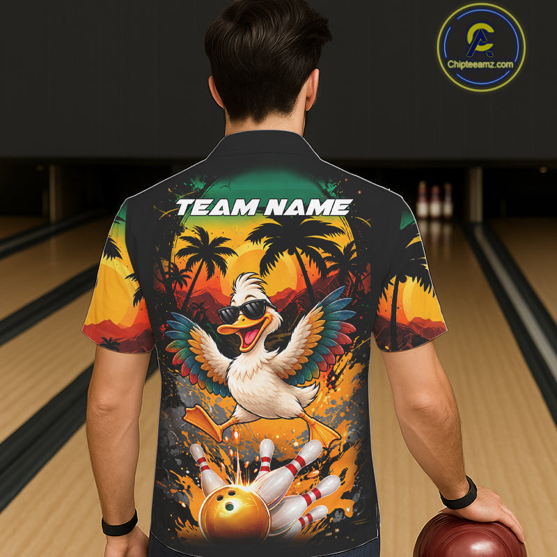 Funny Duck Sunset Tropical Bowling Hawaiian Jersey And Custom Bowling Team Shirts