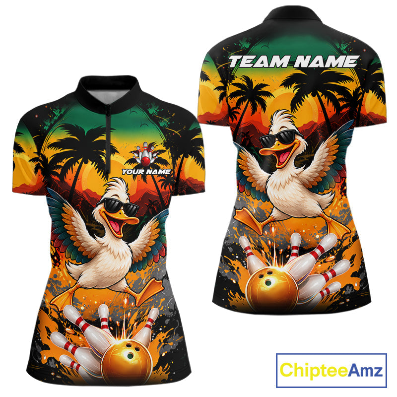 Funny Duck Sunset Tropical Bowling Jersey Custom Bowling Team Shirts Polo & 1/4 Zip