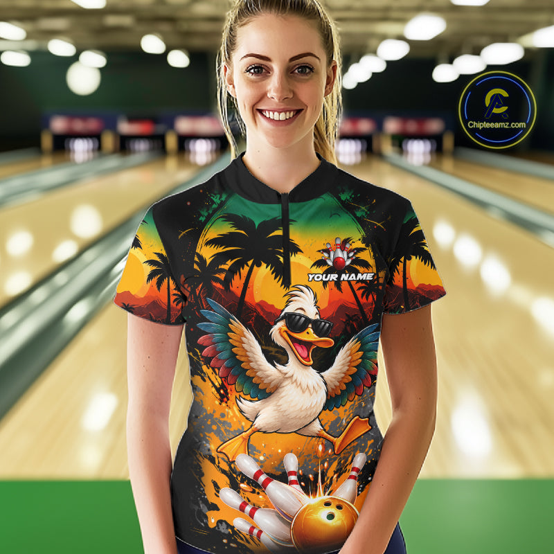 Funny Duck Sunset Tropical Bowling Jersey Custom Bowling Team Shirts Polo & 1/4 Zip