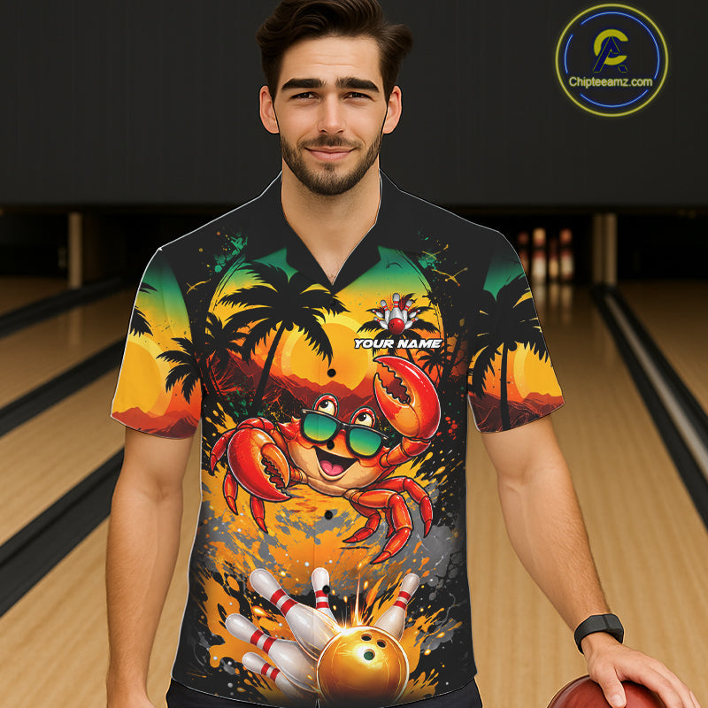 Funny Crab Sunset Tropical Bowling Hawaiian Jersey And Custom Bowling Team Shirts