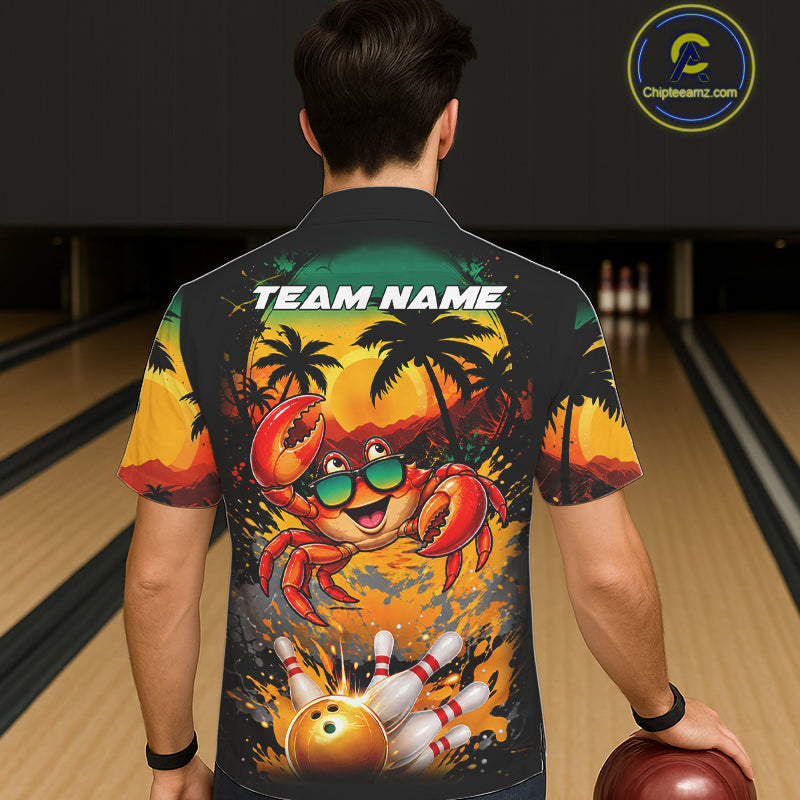 Funny Crab Sunset Tropical Bowling Hawaiian Jersey And Custom Bowling Team Shirts