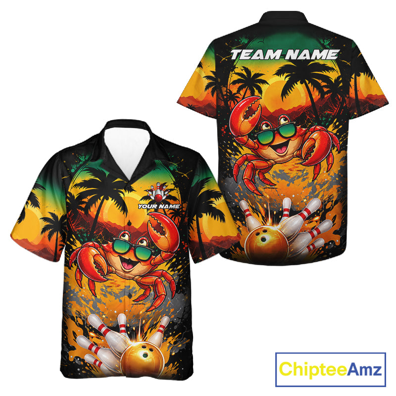 Funny Crab Sunset Tropical Bowling Hawaiian Jersey And Custom Bowling Team Shirts