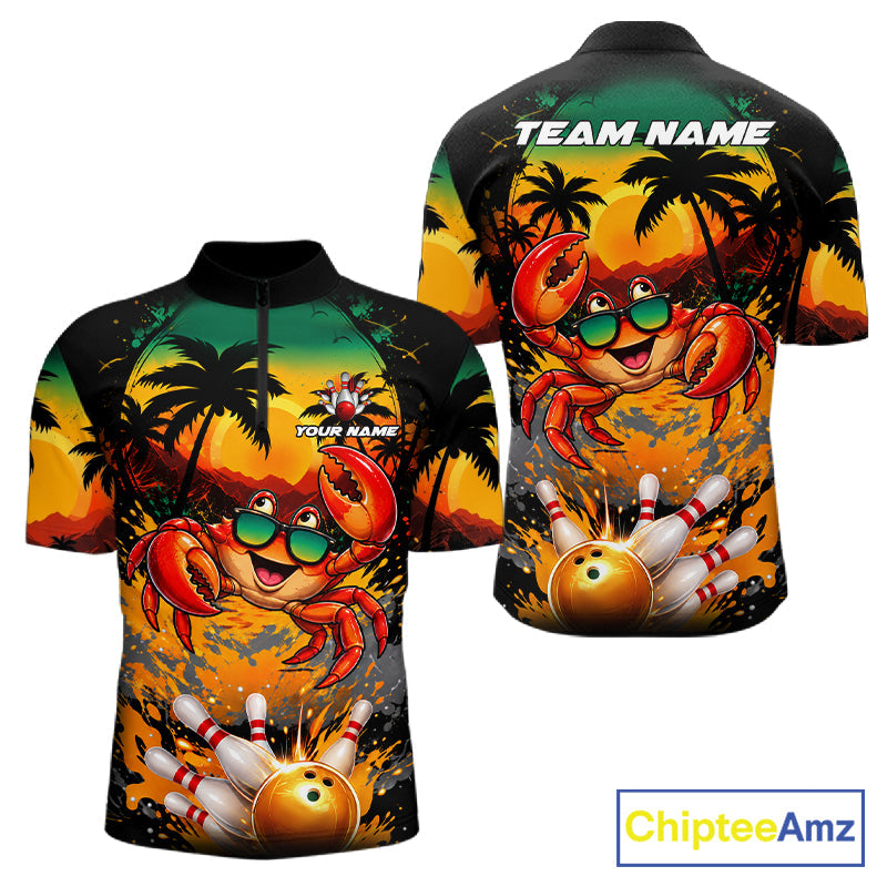 Funny Crab Sunset Tropical Bowling Jersey Custom Bowling Team Shirts Polo & 1/4 Zip
