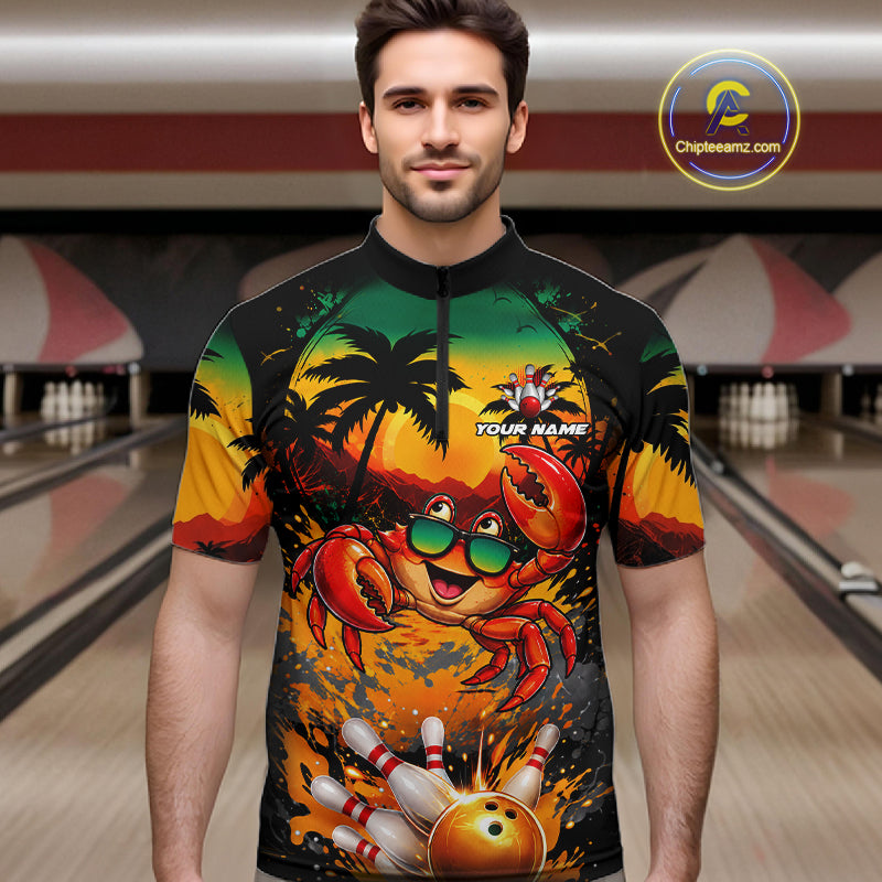 Funny Crab Sunset Tropical Bowling Jersey Custom Bowling Team Shirts Polo & 1/4 Zip
