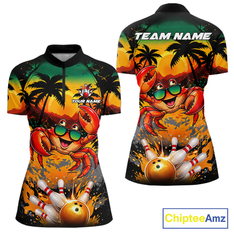 Funny Crab Sunset Tropical Bowling Jersey Custom Bowling Team Shirts Polo & 1/4 Zip