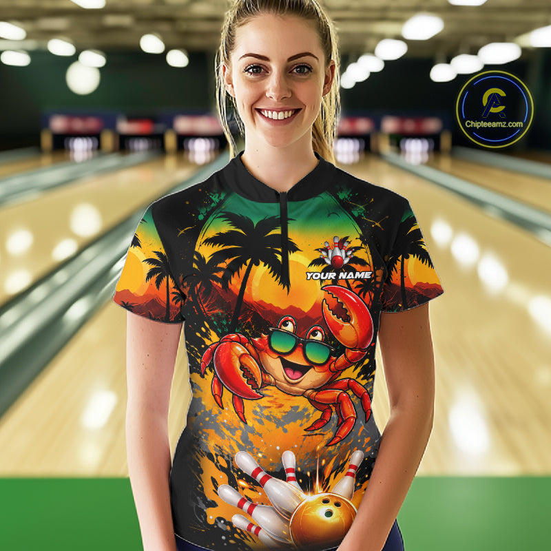 Funny Crab Sunset Tropical Bowling Jersey Custom Bowling Team Shirts Polo & 1/4 Zip