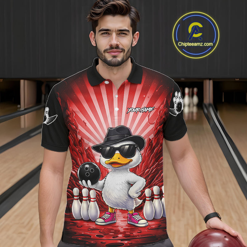Red Funny Duck Bowling Jersey Custom Graffiti Bowling Shirt Team Polo & 1/4 Zip Shirt