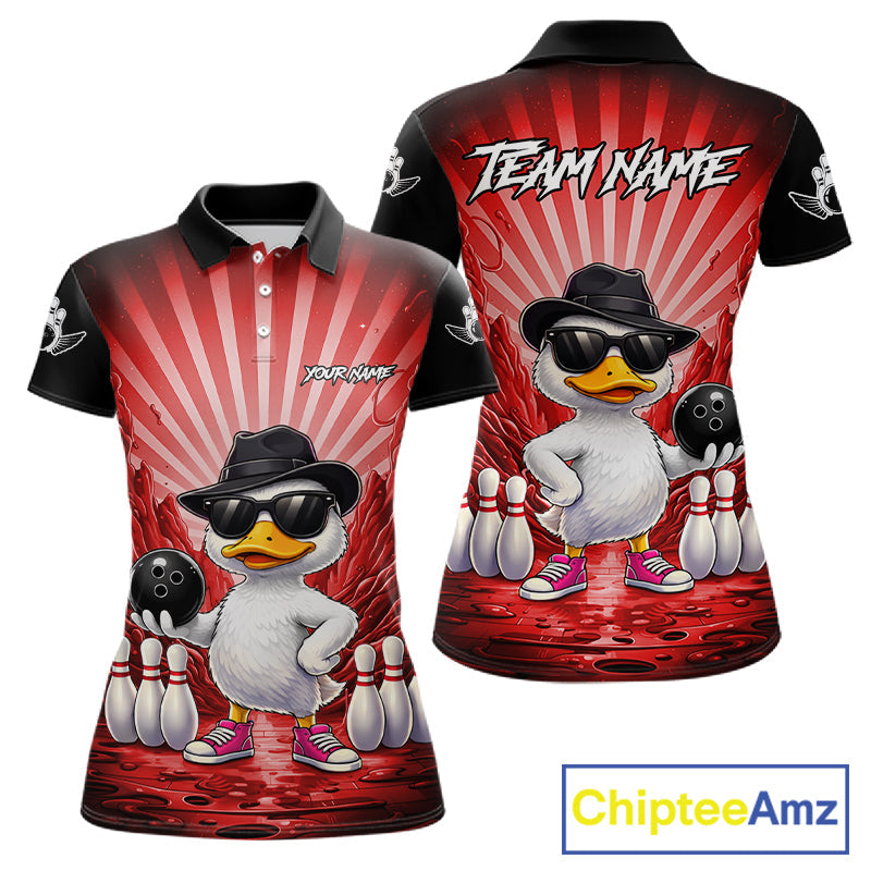 Red Funny Duck Bowling Jersey Custom Graffiti Bowling Shirt Team Polo & 1/4 Zip Shirt