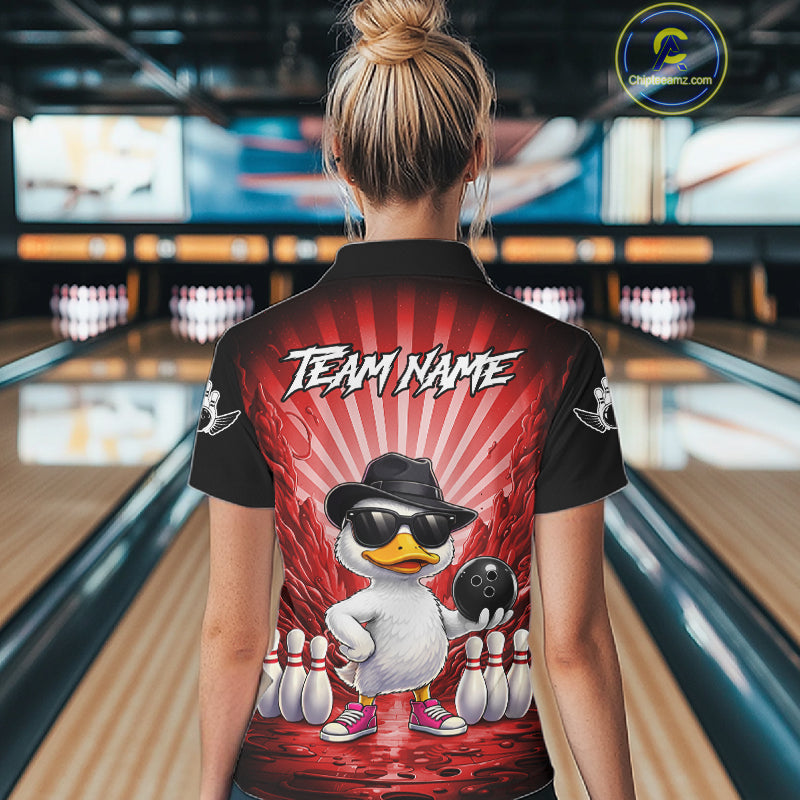 Red Funny Duck Bowling Jersey Custom Graffiti Bowling Shirt Team Polo & 1/4 Zip Shirt