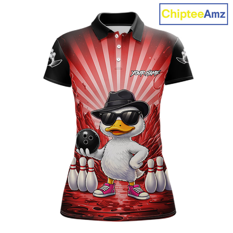 Red Funny Duck Bowling Jersey Custom Graffiti Bowling Shirt Team Polo & 1/4 Zip Shirt