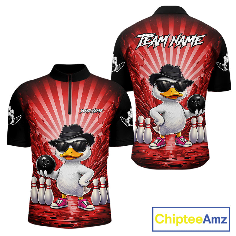 Red Funny Duck Bowling Jersey Custom Graffiti Bowling Shirt Team Polo & 1/4 Zip Shirt