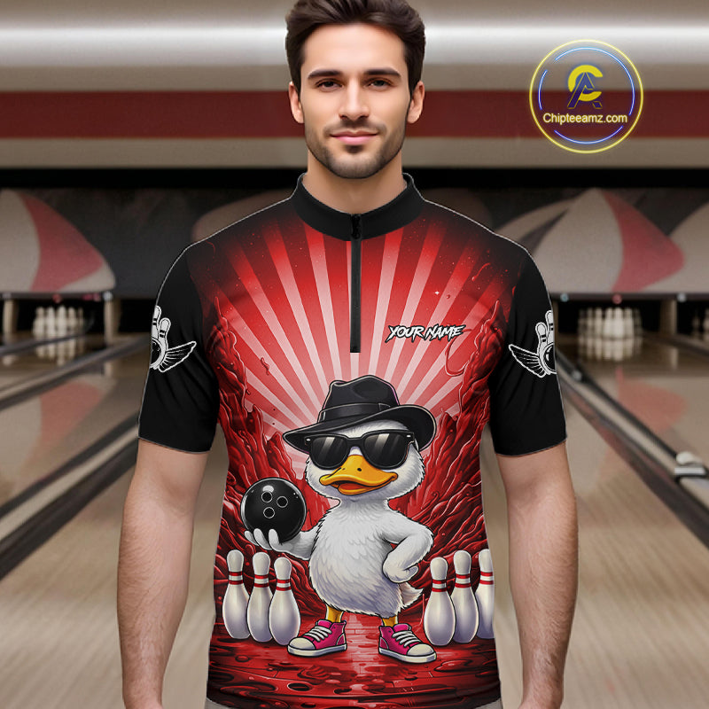 Red Funny Duck Bowling Jersey Custom Graffiti Bowling Shirt Team Polo & 1/4 Zip Shirt