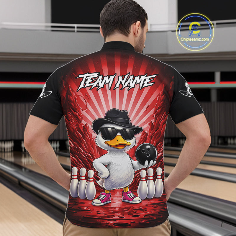 Red Funny Duck Bowling Jersey Custom Graffiti Bowling Shirt Team Polo & 1/4 Zip Shirt