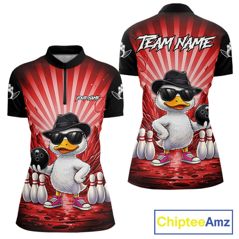 Red Funny Duck Bowling Jersey Custom Graffiti Bowling Shirt Team Polo & 1/4 Zip Shirt