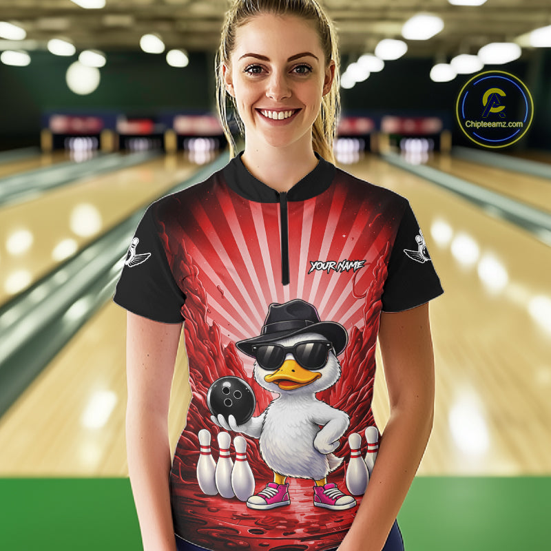 Red Funny Duck Bowling Jersey Custom Graffiti Bowling Shirt Team Polo & 1/4 Zip Shirt